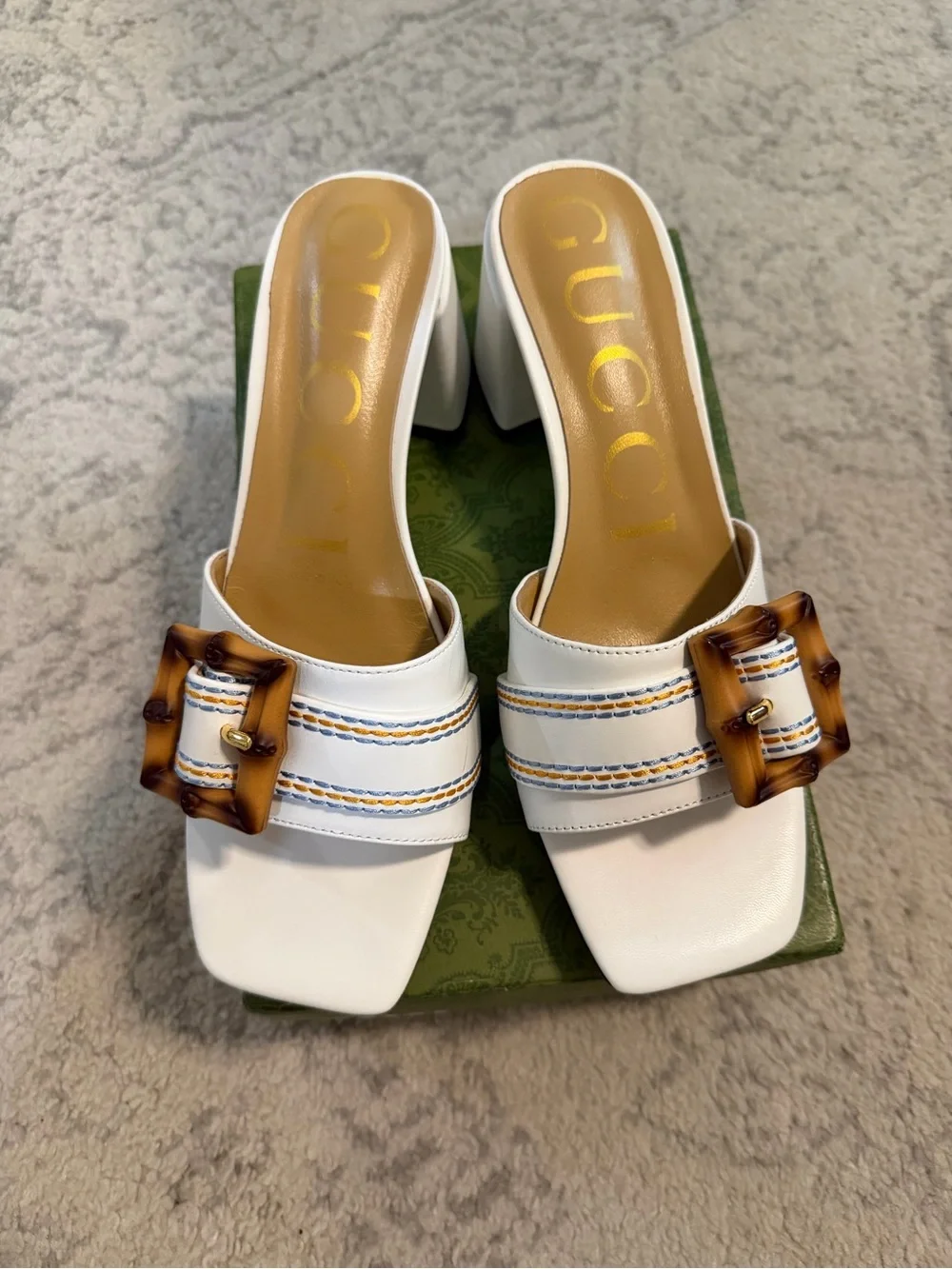 G*cci White Leather Bamboo Buckle Block Heel Sandals